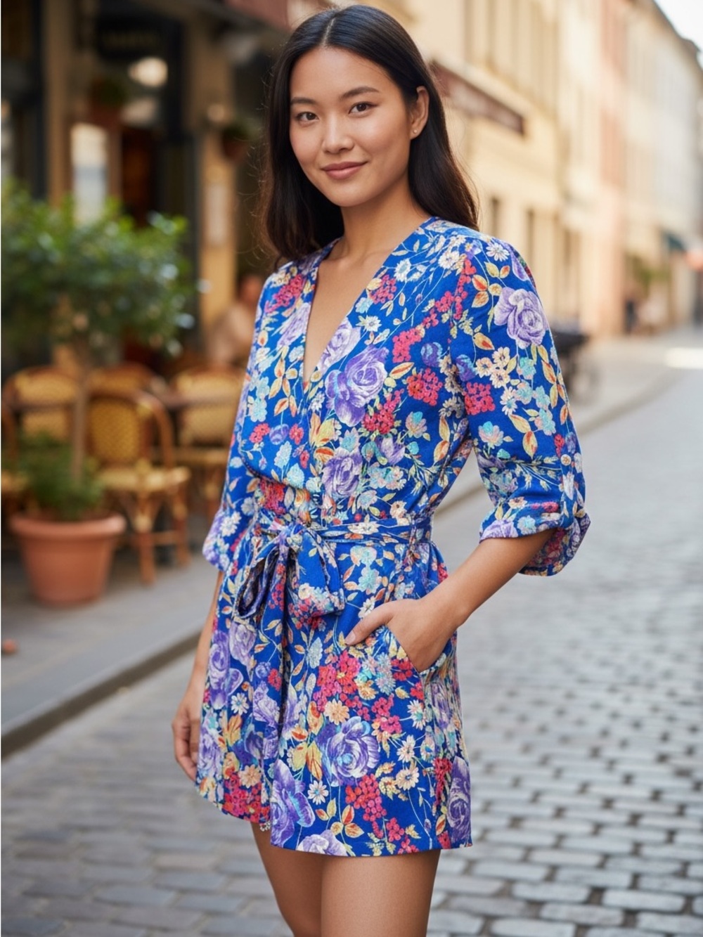 Yumi Kim Paradise Romper Blue Floral Size Medium 3/4 Sleeves Tie‎ Waist Party
